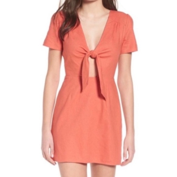SOCIALITE ORANGE LINEN SHORT SLEEVE TIE FRONT DRESS WOMENS SZ LARGE - Picture 1 of 5